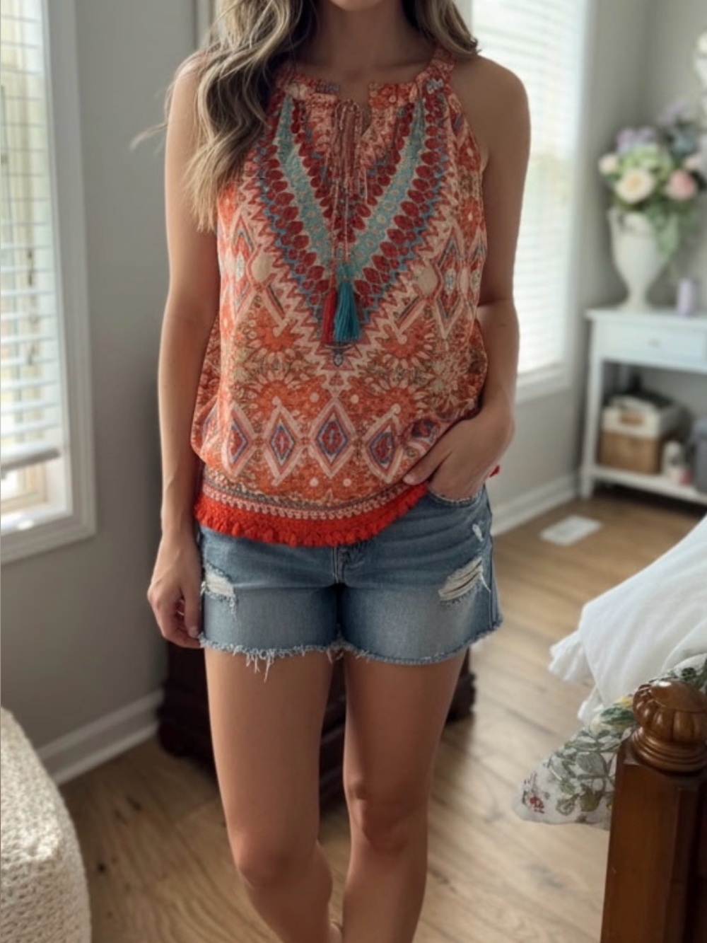 Rose & Olive Red Patterned Halter Camisole with Blue Tassels